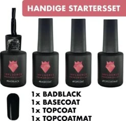 #BADBLACKSERIE - Influence Gellac - Zwarte Gellak - Gellak Zwart UV - UV Gellak - Gel Nagellak - Basecoat - Topcoat - Topcoatmat - No Wipe - Startersset - Kado Vrouw - Valentijns Cadeau - Kado Voor Haar - 4 X 10 Ml